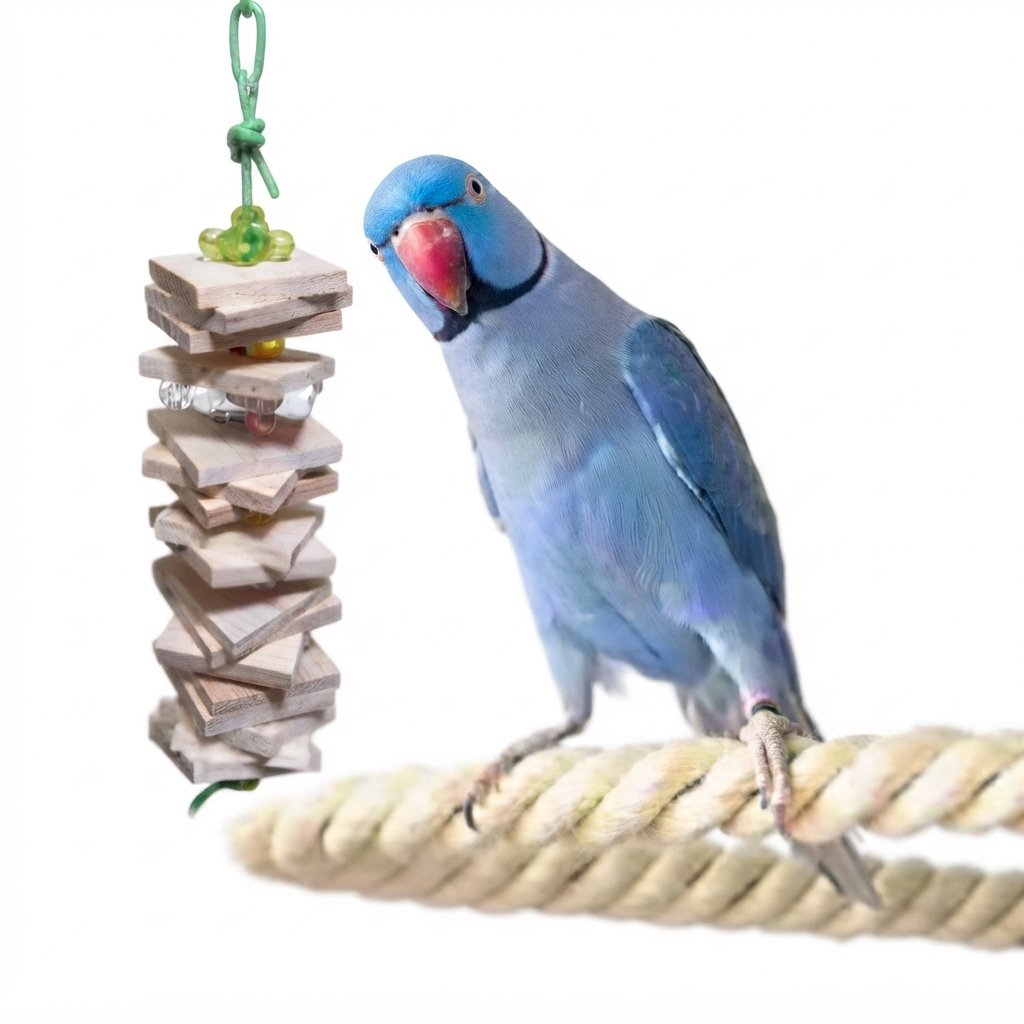 Parrot on rope perch with toy